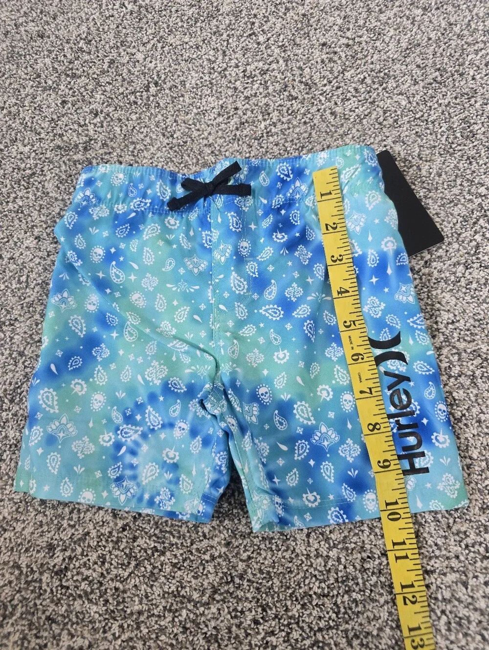 Hurley Blue Paisley Swim Trunks & Old Navy Neon Green Shark Rash Guard Boys   2t